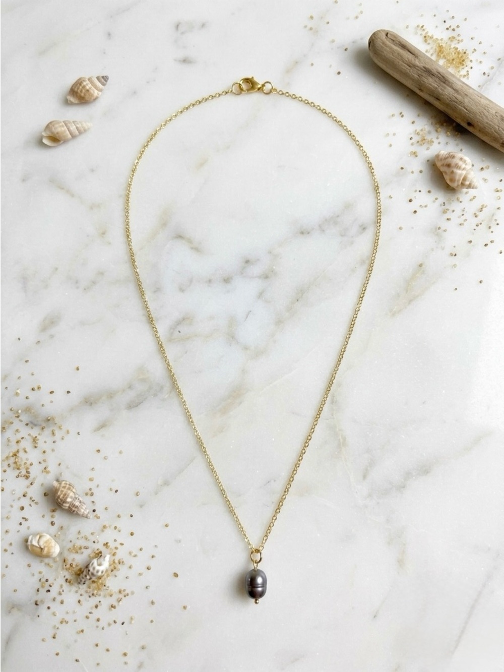 Gold Chain Necklace with Black Pearl Pendant - Women Jewelry